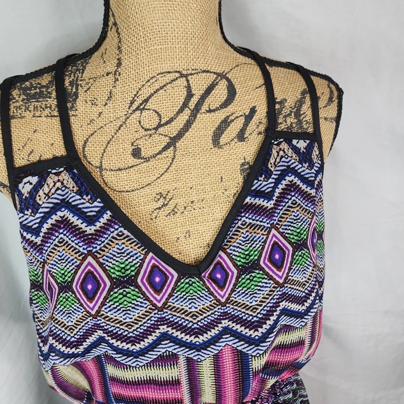 PAPERDOLL Size Large Open Back Tribal Print Chiffon V-Neck Mini‎ Blouson Dress - Picture 6 of 9